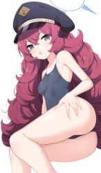 1girl absurdres black_one-piece_swimsuit blue_archive blush breasts enru grabbing_own_ass grey_eyes halo highleg highres iroha_(blue_archive) loli long_hair looking_at_viewer one-piece_swimsuit open_mouth red_hair school_swimsuit simple_background small_breasts solo swimsuit thighs wavy_hair white_background white_one-piece_swimsuit