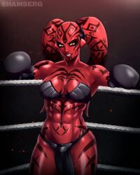 1girl abs alien arm_support armor bare_legs biceps bikini_armor black_gloves boxing boxing_gloves boxing_ring breast_tattoo breasts chest_tattoo cleavage colored_skin curvy darth_talon elbow_gloves facial_tattoo gloves gradient_background highres lekku_(anatomy) looking_at_viewer medium_breasts no_humans parted_lips pelvic_curtain red_eyes red_skin revealing_clothes shamserg shoulder_tattoo simple_background smile star_wars star_wars:_legacy tattoo toned toned_female twi&#039;lek wide_hips