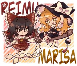 2girls :&lt; :p apron ascot back_bow bare_arms bare_shoulders barefoot black_hat black_skirt black_vest blonde_hair blush_stickers border bow braid bright_pupils broom broom_riding brown_eyes brown_hair character_name chibi closed_mouth collared_vest commentary detached_sleeves expressionless eyelashes floating frilled_apron frilled_bow frilled_hair_tubes frilled_skirt frilled_socks frilled_vest frills frown gohei gradient_background hair_between_eyes hair_bow hair_tubes hakurei_reimu hashtag-only_commentary hat hat_bow highres holding holding_gohei kirisame_marisa long_hair long_sleeves looking_at_viewer medium_skirt multiple_girls no_shoes orange_background outline outside_border puffy_short_sleeves puffy_sleeves red_bow red_skirt red_vest ribbon-trimmed_sleeves ribbon_trim shirt short_sleeves sidelocks single_braid skirt sleeve_bow smile smug socks star_(symbol) striped_background tassel tongue tongue_out touhou tsurime turtleneck turtleneck_shirt very_long_hair vest waist_apron white_apron white_border white_bow white_outline white_pupils white_shirt white_sleeves white_socks wide_sleeves witch_hat yellow_ascot yellow_eyes yin_yang zzzemian