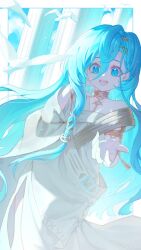 Rule 34 | 1girl, 37 (reverse:1999), :d, adjusting hair, ancient greek clothes, armlet, baiye renxing, bird, blue eyes, blue hair, blue sky, border, column, cowboy shot, dutch angle, gold choker, greco-roman clothes, hair between eyes, hand up, highres, jewelry, long hair, open mouth, outside border, outstretched hand, pillar, reverse:1999, sidelighting, sky, smile, solo, toga, very long hair, white bird, white border