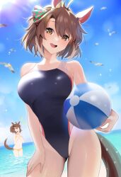 2girls absurdres ahoge animal_ears armpit_crease ball bare_shoulders beachball bikini bird blue_one-piece_swimsuit blue_sky blurry blurry_background breasts brown_eyes brown_hair colored_tips commentary_request cowboy_shot dantsu_flame_(umamusume) day ear_covers ear_ornament gluteal_fold hair_between_eyes hair_ornament highleg highleg_swimsuit highres horse_ears horse_girl horse_tail jungle_pocket_(umamusume) large_breasts lens_flare looking_at_viewer medium_hair multicolored_hair multiple_girls ocean one-piece_swimsuit open_mouth outdoors partially_submerged ponytail seagull side-tie_bikini_bottom sidelocks sky small_breasts smile solo_focus streaked_hair swimsuit tail teeth ugohato umamusume upper_teeth_only wading water water_drop white_hair x_hair_ornament yellow_bikini