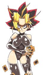 1girl bare_shoulders black_leotard black_sleeves black_thighhighs breasts bright_pupils card colored_bangs cowboy_shot detached_sleeves frown genderswap genderswap_(mtf) holding holding_card inkerton-kun large_breasts leotard looking_at_viewer multicolored_hair photo-referenced purple_eyes red_hair shiny_clothes solo spiked_hair thighhighs two-tone_hair v-shaped_eyebrows white_pupils yami_yugi yu-gi-oh!