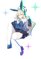 1girl absurdres animal_ear_hairband animal_ears bare_shoulders black_jacket black_skirt blonde_hair blue_archive blue_bow blue_eyes blue_hairband blue_jacket blue_leotard blue_shoes blunt_bangs bow breasts candy cleavage commentary detached_collar dress drop_shadow fake_animal_ears food full_body hair_bow hairband high_heels highres holding holding_candy holding_food holding_lollipop jacket large_breasts leotard lollipop long_hair long_sleeves looking_at_viewer pleated_skirt rabbit_ear_hairband rabbit_ears shoes sidelocks simple_background skirt solo strapless strapless_dress thighhighs tnr_(horiko1525) toki_(blue_archive) toki_(bunny)_(blue_archive) white_background white_thighhighs