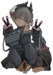 1girl absurdres arknights bare_shoulders bird black_feathers black_gloves black_jacket black_shorts black_wings breasts cable cowboy_shot dark-skinned_female dark_skin double_v feathers gloves grey_eyes grey_hair head_wings highres interlocked_fingers jacket jacket_on_shoulders long_sleeves medium_breasts pink_gloves raidian_(arknights) short_hair shorts smile solo tactical_clothes taiiiyakiii two-tone_gloves v wings