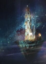 Rule 34 | castle, dark, floating castle, floating island, milky way, no humans, original, outdoors, painterly, scenery, space, star (sky), tower, tree, wind, zandra