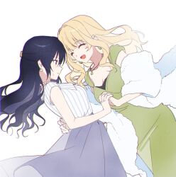 2girls blonde_hair blue_hair closed_eyes closed_mouth djmax djmax_respect dress earrings green_dress grey_skirt half_updo hand_on_another&#039;s_waist highres holding_hands jewelry looking_at_another mole mole_under_eye multiple_girls necklace nonanonnon6u6 open_mouth pinstripe_pattern pinstripe_shirt shirt simple_background skirt smile sweatdrop white_background white_shirt