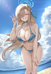 1girl alternate_costume asuna_(blue_archive) bare_shoulders beach bikini blonde_hair blue_archive blue_bikini blue_halo blue_nails blue_sky blush breasts cleavage cloud collarbone commentary commentary_request day earrings fingernails grin hair_over_one_eye halo halterneck hand_on_own_leg highres jewelry large_breasts leaning_forward lnji_(rnlwls34) long_hair looking_at_viewer mole mole_on_breast nail_polish navel o-ring o-ring_top outdoors side-tie_bikini_bottom sky smile solo stomach string_bikini sunlight swimsuit very_long_hair water