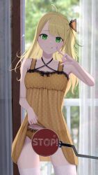 1girl absurdres babydoll blonde_hair censored dress green_eyes highres inaka_44 original panties underwear