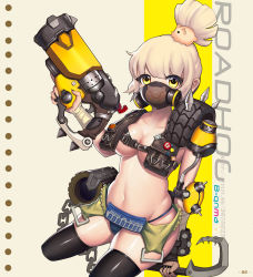 1girl absurdres animal_print arm_wrap armor artist_name b-anma badge bandaged_arm bandages belt belt_pouch black_nails black_thighhighs blonde_hair blue_panties breasts chain character_name cleavage collarbone covered_mouth female_focus fingernails gas_mask gauntlets genderswap genderswap_(mtf) grapnel groin gun hair_ornament hand_up handgun highleg highleg_panties highres holding holding_gun holding_weapon hook license_plate long_fingernails looking_at_viewer mask medium_breasts nail_polish navel overwatch overwatch_1 panties pauldrons pig pig_print ponytail pouch roadhog_(overwatch) short_ponytail shoulder_armor shoulder_pads sickle sidelocks single_pauldron solo spikes stomach strap string_panties thighhighs topless_female trigger_discipline underwear unused_tire watermark weapon web_address yellow_eyes