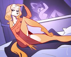 2girls aggressive_retsuko animal_ears animal_feet animal_nose arm_at_side arm_up barefoot birchly black_bra black_eyes blonde_hair body_fur bra bra_strap breasts closed_mouth curtains different_reflection feet female_focus furry furry_female half-closed_eyes hand_on_own_head high-waist_skirt highres inui_(aggretsuko) knee_up legs looking_at_viewer medium_breasts medium_hair multiple_girls off-shoulder_shirt off_shoulder on_bed orange_shirt panda_ears panda_girl panda_tail panties pantyshot pillow purple_background red_panties reflection retsuko shirt shirt_tucked_in single_bare_shoulder skirt small_breasts snout solo_focus thighs two-tone_fur underwear upskirt white_fur window yellow_fur