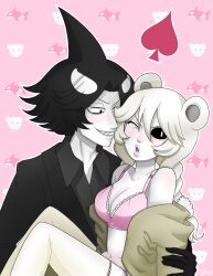 1boy 1girl ace_(playing_card) ace_of_spades animal_ears bare_shoulders bear_ears bear_girl black_eyes black_gloves black_hair black_sclera black_suit blush bra braid breasts carrying carrying_person cleavage closed_mouth collarbone colored_sclera colored_skin fins formal_clothes funamusea gallaxi gloves head_fins hetero ice_scream idate_(funamusea) imminent_kiss jacket long_hair multicolored_hair navel nose_blush one_eye_closed open_mouth orca_boy outline patterned_background pink_background pink_bra playing_card rocma_(funamusea) sharp_teeth short_hair signature spade_(shape) suit teeth twin_braids underwear white_eyes white_hair white_outline white_skin yellow_jacket