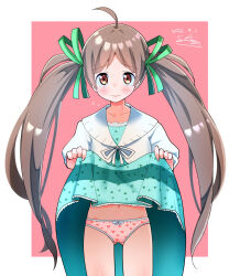 1girl ahoge blush border bow bow_panties brown_eyes brown_hair cardigan clothes_lift commentary_request cowboy_shot dress dress_lift floral_print flying_sweatdrops gluteal_fold green_dress hakozaki_serika heart heart_print highres idolmaster idolmaster_million_live! long_hair looking_at_viewer midriff_peek navel panties pink_background pink_panties print_panties shishino_shino solo twintails underwear very_long_hair white_border white_cardigan