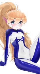 1girl absurdres biometal blonde_hair blue_eyes bodystocking breasts ciel_(mega_man) commission commissioner_upload covered_navel eyelashes fauron714 highres leaning_back light_blush light_smile long_bangs long_hair looking_at_viewer mechanical_ears mega_man_(series) mega_man_zero_(series) mega_man_zx model_z_(mega_man) no_armor no_headwear non-web_source petite ponytail sitting small_breasts thighs transparent_background