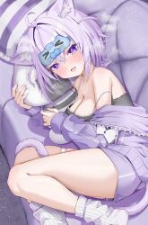 1girl :3 :d ahoge animal_ear_fluff animal_ears black_camisole breasts camisole cat_ears cat_girl cat_tail cleavage commentary_request couch crossed_bangs double-parted_bangs fang grey_camisole hair_between_eyes highres hololive jacket large_breasts looking_at_viewer lying mask mask_on_head nekomata_okayu nekomata_okayu_(membership) no_shoes official_alternate_costume official_alternate_hairstyle on_couch on_side onigirya_(nekomata_okayu) open_mouth purple_eyes purple_hair purple_jacket purple_shorts ribbed_socks short_hair short_shorts shorts skin_fang sleep_mask smile socks solo tail torakichi_888 two_side_up virtual_youtuber white_socks