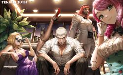2boys 2girls absurdres alisa_boskonovich aqua_eyes bare_shoulders beard black_footwear black_hair black_thighhighs blonde_hair blue_eyes box_(hotpppink) breasts bryan_fury cleavage commentary couch dress english_commentary facial_hair formal_clothes gloves green_eyes high_heels highres indoors keffiyeh large_breasts leg_up long_hair looking_at_viewer multiple_boys multiple_girls nina_williams plant potted_plant purple_dress purple_hair scar scar_across_eye scar_on_face shaheen short_hair sitting sleeveless sleeveless_dress smile suit sunglasses tattoo tekken tekken_8 thighhighs white_gloves white_hair