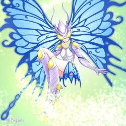 1girl armor armored_boots blue_eyes boots breasts bug butterfly butterfly_girl butterfly_wings digimon digimon_(creature) digimon_story:_cyber_sleuth digimon_story:_cyber_sleuth_hacker&#039;s_memory faguna female_focus green_background headgear high_heels hudiemon insect insect_wings leotard long_hair looking_at_viewer medium_breasts shoulder_armor skirt solo solo_focus tinted_eyewear wings yellow-tinted_eyewear