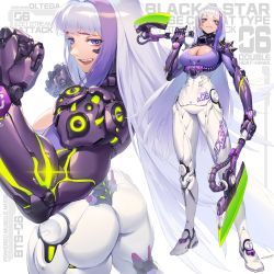 1girl absurdres ass axe battle_axe bodysuit breasts cleavage cleavage_cutout clothing_cutout hichi highres large_breasts multicolored_hair purple_eyes science_fiction weapon