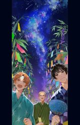 Rule 34 | 3boys, ahoge, axis powers hetalia, bamboo, bamboo forest, black border, black hair, blonde hair, blue eyes, blue kimono, blue sky, blush, border, brown hair, checkered clothes, checkered kimono, clenched hand, closed mouth, commentary request, fireworks print, forest, germany (hetalia), gradient sky, green kimono, hand fan, hand up, highres, holding, holding fan, holding tanzaku, japan (hetalia), japanese clothes, kimono, leaf, long sleeves, looking up, male focus, milky way, multiple boys, nature, night, night sky, northern italy (hetalia), open mouth, orange eyes, outdoors, purple kimono, purple sky, short hair, sky, smile, star (sky), star (symbol), star print, starry sky, striped clothes, striped kimono, suroohon, tanzaku, upper body, wide sleeves, yellow eyes, yukata