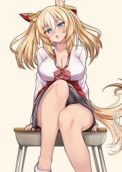 1girl absurdres alternate_costume alternate_hairstyle animal_ears bare_legs blonde_hair blue_eyes bow bowtie breasts cleavage commentary_request desk durandal_(umamusume) ear_covers feet_out_of_frame hair_between_eyes highres horse_ears horse_girl horse_tail long_hair loose_bowtie medium_breasts multicolored_hair on_desk open_mouth school_desk sidelocks single_ear_cover sitting solo streaked_hair striped_bow striped_bowtie striped_clothes tail tail_wagging teaclaw twintails umamusume white_hair