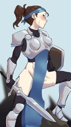 1girl abs armor black_gloves black_thighhighs blue_hairband blue_sky brown_hair closed_mouth commentary gloves groin hairband highres holding holding_shield holding_sword holding_weapon knee_up no_panties original outdoors pelvic_curtain ponytail scar scar_on_face scrapy_(greenyscrapy) shield sky solo standing sword thighhighs toned toned_female weapon