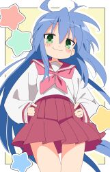 1girl absurdres ahoge blue_hair blush commentary green_eyes hands_on_own_hips highres izumi_konata long_hair long_sleeves lucky_star mole mole_under_eye neckerchief noyama_takenoko pink_neckerchief purple_hair red_sailor_collar ryouou_school_uniform sailor_collar school_uniform serafuku skirt smile solo very_long_hair