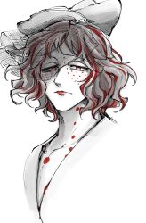 1boy collarbone facial_mark fascinator greyscale highres jumsoon_(project_moon) leviathan_(project_moon) looking_at_viewer male_focus monochrome multicolored_hair project_moon red_eyes red_hair sidelocks simple_background solo spot_color streaked_hair tattoo v-neck yatsumeunagi