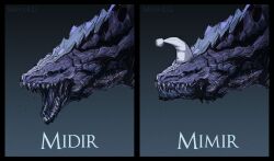 a_mimir_(meme) absurdres animal_focus artist_name black_border border character_name closed_eyes dark_souls_(series) dark_souls_iii darkeater_midir dragon from_side hat highres meme menaslg monster multiple_views nightcap no_humans open_mouth portrait pun scales sharp_teeth spanish_text teeth translated