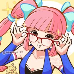 Rule 34 | 1girl, adjusting eyewear, animal, artist name, bare shoulders, bell, brown eyes, cat, character request, collarbone, kanda aoi, long hair, looking at viewer, neck bell, open mouth, osu! tatakae! ouendan 2, pale skin, parted lips, pink hair, red-framed eyewear, sidelocks, smile, solo focus, straight hair, suruga kanade, twitter username, yellow background, yellow cat