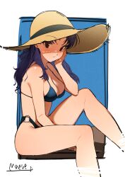 1girl arm_support artist_name ass bikini blue_bikini blush breasts brown_eyes cheek_bulge cleavage female_focus hat highleg highleg_bikini highres katsuragi_misato legs long_hair looking_at_viewer maeve_(ve) medium_breasts medium_hair neon_genesis_evangelion o-ring o-ring_bikini purple_hair shaded_face shiny_skin signature sitting solo sun_hat swimsuit thighs wide_hips