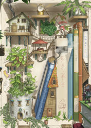 1girl absurdres book bookshelf boots bridge brown_boots chimney door fantasy green_shorts green_vest hair_tubes highres indoors lamp lamppost mini_person minigirl murakoyafactory orange_hair original plant potted_plant railing red_scarf scarf scenery shorts sidelocks sign smoke succulent_plant vest vines well window wooden_bridge wooden_stairs