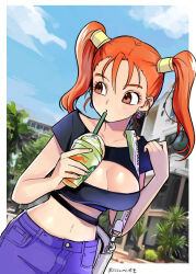 1girl bag black_shirt blue_pants blue_sky breasts brown_eyes building cleavage cleavage_cutout clothing_cutout cloud collarbone day denim dragon_quest dragon_quest_viii drinking_straw earrings frappuccino handbag jeans jessica_albert jewelry momoiito navel outdoors pants red_hair shirt sky starbucks tree twintails