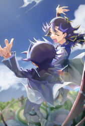 Rule 34 | aged down, ai (yu-gi-oh!), alternate form, amusement park, android, black boots, black cape, black coat, black hair, black pants, black shoes, blue sky, blurry, blurry background, boots, building, cape, closed eyes, coat, colored bangs, dappled sunlight, day, dress shirt, facing away, falling, fujiki yusaku, happy, highres, jacket, ladder, light particles, midair, novale110, open clothes, open hands, open jacket, open mouth, outdoors, outstretched arms, pants, shirt, shoes, side-by-side, sky, spiked hair, sunlight, untucked shirt, white shirt, yu-gi-oh!, yu-gi-oh! vrains