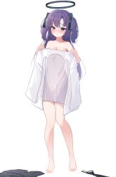 1girl absurdres black_halo blue_archive blue_eyes blush breasts cleavage collarbone commentary covering_with_clothes full_body hair_ornament halo highres holding holding_unworn_clothes long_hair looking_at_viewer mechanical_halo medium_breasts nude pout purple_hair see-through_clothes see-through_shirt shirt simple_background solo tisofofo two_side_up unworn_clothes white_background yuuka_(blue_archive)