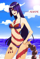 00s 1girl =sai= adiane bikini blue_hair day eyepatch female_focus lipstick long_hair makeup noritake ocean purple_bikini scorpion_tail solo swimsuit tail tattoo tengen_toppa_gurren_lagann