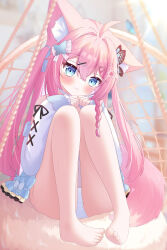 1girl :3 absurdres ahoge animal_ear_fluff animal_ears bare_legs barefoot blurry blurry_background blush bow butterfly_hair_ornament closed_mouth depth_of_field feet hair_bow hair_intakes hair_ornament hands_up highres indoors knees_up liang_feng_qui_ye long_hair long_sleeves off_shoulder original panties pink_hair puffy_long_sleeves puffy_sleeves sitting sleeves_past_wrists solo tail toenails toes two_side_up underwear very_long_hair white_bow white_hair white_panties