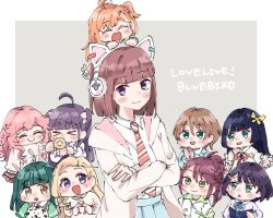 &gt;_&lt; 6+girls :d :o ^_^ ahoge aqua_eyes azabu_mai black_hair blonde_hair blue_dress blue_jacket blue_skirt blunt_bangs blunt_ends blush bob_cut border bow brown_hair c: chibi chofu_noriko closed_eyes closed_mouth collared_shirt commentary_request copyright_name crossed_arms diagonal-striped_clothes diagonal-striped_necktie dress dress_shirt everyone goto_akira green_eyes green_hair grey_background hair_bow harumiya_yukuri height_difference ikizulive!_love_live!_bluebird index_fingers_together jacket japanese_clothes kanazawa_miracle kimono komagata_hanabi konohana_aurora long_hair long_sleeves love_live! moso_(expect66) multiple_girls neck_ribbon necktie open_clothes open_jacket open_mouth outside_border own_hands_together pink_hair pleated_skirt ponytail purple_eyes purple_hair red_ribbon ribbon sasaki_shion school_uniform shirt short_hair sidelocks simple_background skirt smile strapless strapless_dress striped_clothes takahashi_polka two_side_up white_border white_jacket white_kimono white_shirt yamada_midori yellow_bow yellow_eyes