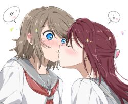 ! !! 2girls :t absurdres anger_vein blue_eyes closed_eyes commentary grey_hair grey_sailor_collar half_updo heart highres kiss long_hair love_live! love_live!_sunshine!! multiple_girls neckerchief pout profile red_hair red_neckerchief sailor_collar sakurauchi_riko school_uniform serafuku shirt short_hair speech_bubble spoken_anger_vein spoken_exclamation_mark summer_uniform surprise_kiss surprised uranohoshi_school_uniform v-shaped_eyebrows watanabe_you white_shirt wide-eyed yuchi_(salmon-1000) yuri