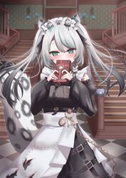 animal_ears bad_tag black_sky braided_sidelocks cake cheek_rest copyright_request cross-laced_clothes cross-laced_sleeves dessert food frilled_straps fuzzy_clothes grey_nails grey_tail highres hinamori_anthea holding holding_saucer indie indie_virtual_youtuber leopard_ears leopard_tail maid nata_(tool) non-web_source red_pupils saucer sky snow_leopard_tail strawberry_shortcake tail teapot virtual wallpaper_(object)