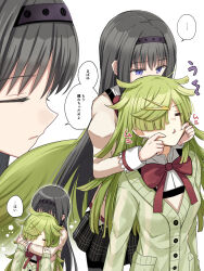 2girls akemi_homura aki_mabayu black_hair bow bowtie cheek_pinching green_hair highres hug kishimen_hair long_hair looking_at_another magia_record:_mahou_shoujo_madoka_magica_gaiden mahou_shoujo_madoka_magica mitakihara_school_uniform multiple_girls pinching purple_eyes red_bow red_bowtie school_uniform speech_bubble suzugahama yuri