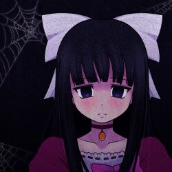 1girl aya_drevis black_hair blue_eyes bow choker closed_mouth collarbone cryptidhermit eyelashes hair_bow highres long_hair looking_at_viewer mad_father pink_bow sad silk solo spider_web white_bow