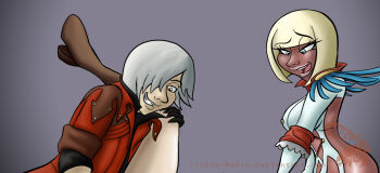 Rule 34 | 1boy, 2girls, blonde hair, boots, dante (devil may cry), dark skin, devil may cry, devil may cry (series), devil may cry 4, gloria (devil may cry), lady (devil may cry), leg up, multiple girls, out of frame, smile, teamwork, trish (devil may cry)