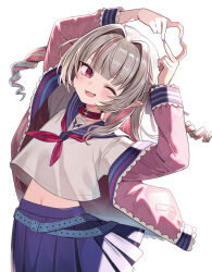Rule 34 | 1girl, ;d, animal collar, arched back, arms up, belt, blue belt, blue sailor collar, blue skirt, blush, collar, commentary request, cowboy shot, drill hair, fang, fingernails, four-finger heart hands, grey hair, grey nails, hair intakes, hair ribbon, hashtag-only commentary, heart, heart hands, highres, jacket, long hair, long sleeves, looking at viewer, makaino ririmu, makaino ririmu (4th costume), midriff, miniskirt, minotaur plate, multicolored hair, multiple belts, nail polish, navel, neckerchief, nijisanji, off shoulder, one eye closed, open mouth, pink hair, pink jacket, pink streaks, pleated skirt, pointy ears, red collar, red eyes, red neckerchief, ribbon, sailor collar, sailor shirt, school uniform, serafuku, shirt, simple background, skirt, smile, solo, streaked hair, two side up, virtual youtuber, white background, white shirt