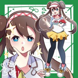 Rule 34 | 1girl, :d, :o, black pantyhose, blue eyes, brown hair, creatures (company), double bun, game freak, hair between eyes, hair bun, hairband, highres, holding, holding poke ball, jacket, long hair, long sleeves, looking at viewer, multiple views, nintendo, official alternate costume, open mouth, pantyhose, poke ball, poke ball (basic), pokemon, pokemon masters ex, prk prsk, rosa (academy) (pokemon), rosa (pokemon), shirt, shorts, smile, thinking, three-quarter sleeves, twintails, very long hair, visor cap, yellow shorts