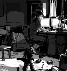 1girl black_hair computer computer_keyboard female_focus greyscale monochrome neet original saskia_gutekunst solo