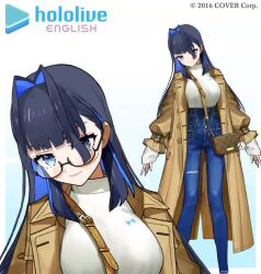 1girl 1other animated bag belt blue_eyes blue_hair blue_jeans blue_pants blunt_bangs blush boros_(ouro_kronii) breasts buttons coat commentary_request copyright_name copyright_notice denim ear_piercing english_text glasses gradient_background handbag holocouncil hololive hololive_english jeans keffiy charm_(object) large_breasts live2d long_coat long_hair long_sleeves multicolored_hair official_alternate_costume official_art open_clothes open_coat ouro_kronii ouro_kronii_(casual) pants piercing pocket torn_jeans semi-rimless_eyewear sleeves_past_wrists smile sweater torn_clothes two-tone_hair under-rim_eyewear video virtual_youtuber wada_arco white_sweater yellow_coat