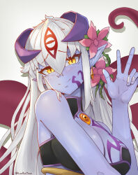 Rule 34 | 1girl, alipheese fateburn xvi, black shirt, blush, breast tattoo, breasts, closed mouth, colored skin, eye tattoo, flower, hair flower, hair ornament, hair tattoo, highres, horns, lamiacircle, large breasts, long hair, looking at viewer, mon-musu quest!, pointy ears, purple skin, shirt, smile, solo, tattoo, upper body, v, white hair, yellow eyes