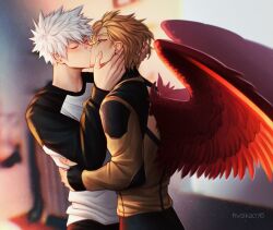 2boys alternate_costume artist_name back_cutout blonde_hair blurry blurry_background boku_no_hero_academia closed_eyes clothing_cutout dabi_(boku_no_hero_academia) earrings face_piercing facial_hair feathered_wings feathers french_kiss goatee_stubble hashtag-only_commentary hawks_(boku_no_hero_academia) highres jewelry kiss long_sleeves male_focus multiple_boys no_scar nose_piercing piercing red_feathers red_wings saika076 short_hair sideburns spiked_hair stubble white_hair wings yaoi