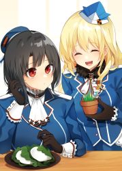 2girls :o absurdres atago_(kancolle) beret black_gloves black_hair blonde_hair blue_headwear breasts closed_eyes flower_pot fur_trim gloves hat highres holding holding_flower_pot holding_pot kantai_collection large_breasts long_hair long_sleeves military military_uniform multiple_girls open_mouth paper_hat parted_lips plant pot potted_plant red_eyes short_hair simple_background takao_(kancolle) tsumikitsuki_(katsuobushi) upper_body