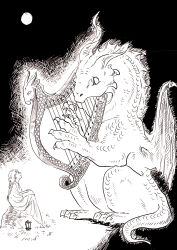 1girl ajitsuke_nori asymmetrical_horns braid braided_ponytail broken_horn dragon dress eye_contact from_side full_moon harp highres horns instrument lantern long_hair long_sleeves looking_at_animal looking_at_another monochrome moon music night night_sky original playing_instrument profile puffy_long_sleeves puffy_sleeves single_braid size_difference sky smile