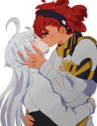 Rule 34 | 2girls, absurdres, ahoge, arm around waist, black headband, blush, closed eyes, commentary request, couple, cowboy shot, crying, dark-skinned female, dark skin, face-to-face, gundam, gundam suisei no majo, hair between eyes, hand on another&#039;s face, headband, highres, hug, kaede (soul-red-7), kiss, long hair, looking at another, miorine rembran, multiple girls, ponytail, red hair, short hair, simple background, suletta mercury, tears, thick eyebrows, translation request, upper body, white background, white hair, yuri
